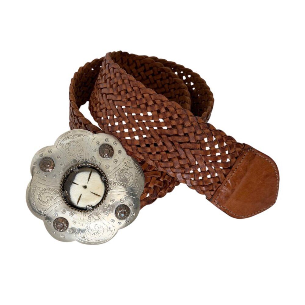 Moroccan Cowgirl Western Boho Rosette Engraved Concho Braided Leather Belt (S/M)